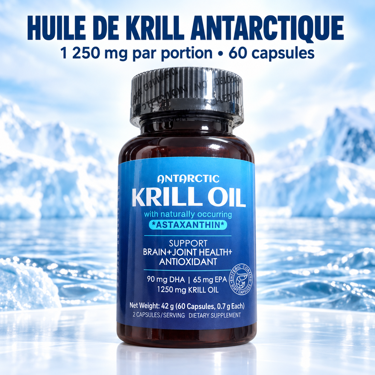 Huile de Krill Pure d'Antarctique 1250 mg — Oméga-3 Coeur, Vue & Articulations (60 capsules molles)