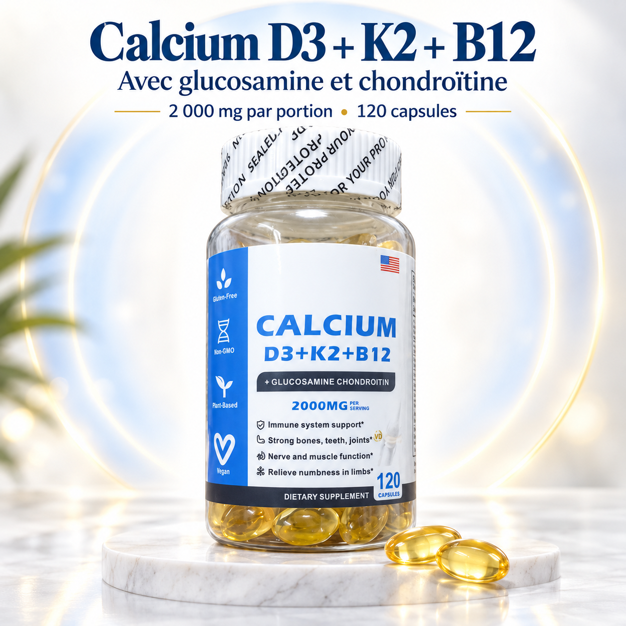 Complexe Os & Cartilage 5-en-1 — Calcium, D3, K2, Glucosamine & Chondroïtine (120 gélules)