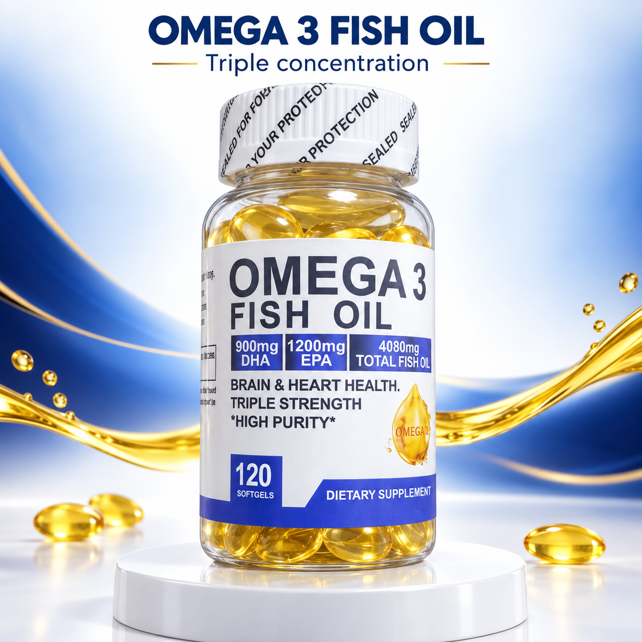 Oméga-3 Huile de Poisson Pure — Triple Force EPA & DHA pour le Cœur et la Tension (120 gélules)