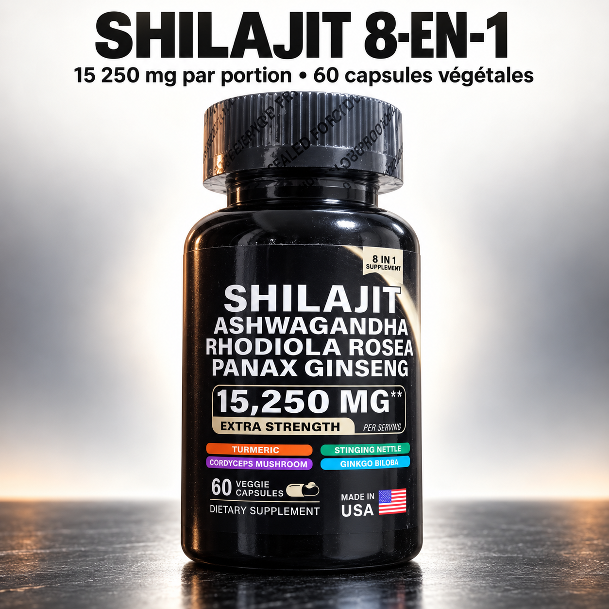 Shilajit Puissance 8-en-1 — Énergie au Travail, Vigueur Masculine & Anti-Fatigue (60 gélules)