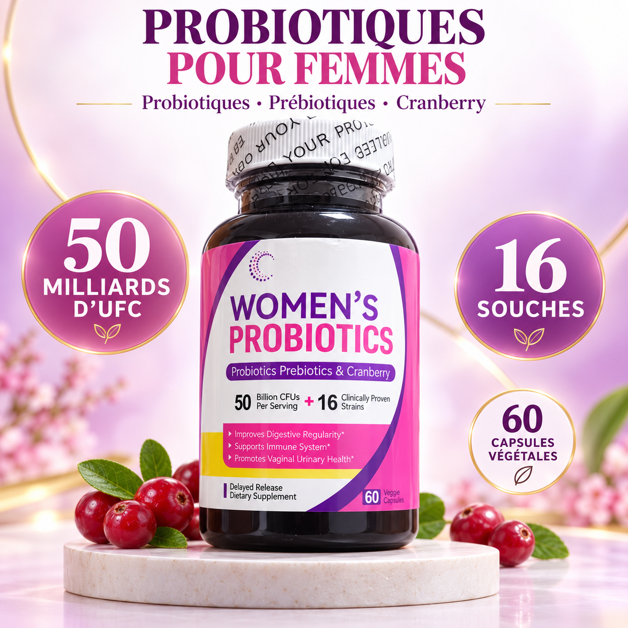 Probiotiques Femme & Cranberry — Hygiène Intime, Flore Protégée & Zéro Démangeaison (60 gélules)
