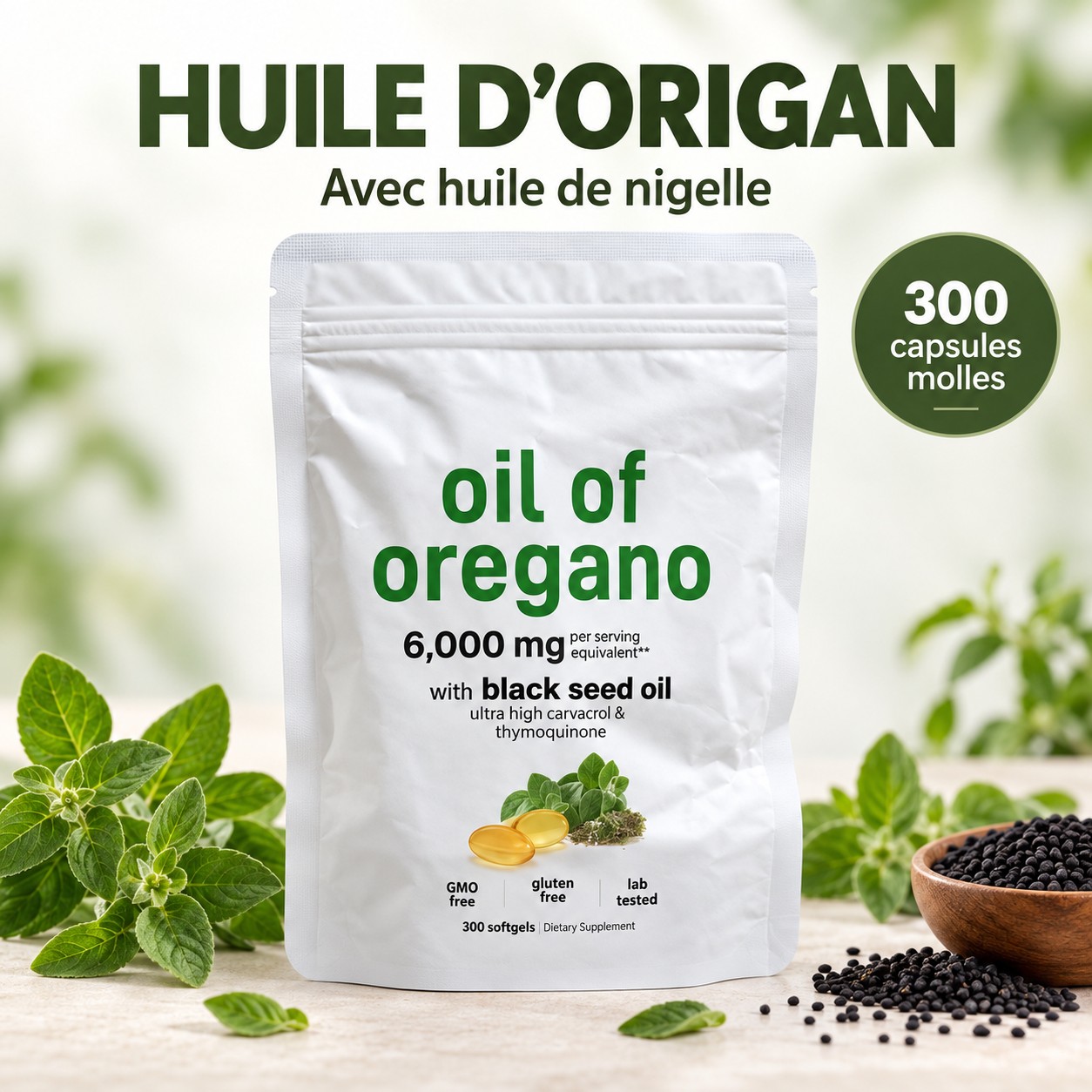 Huile d'Origan Sauvage 6 000 mg & Nigelle (Format Économique 300 Softgels)