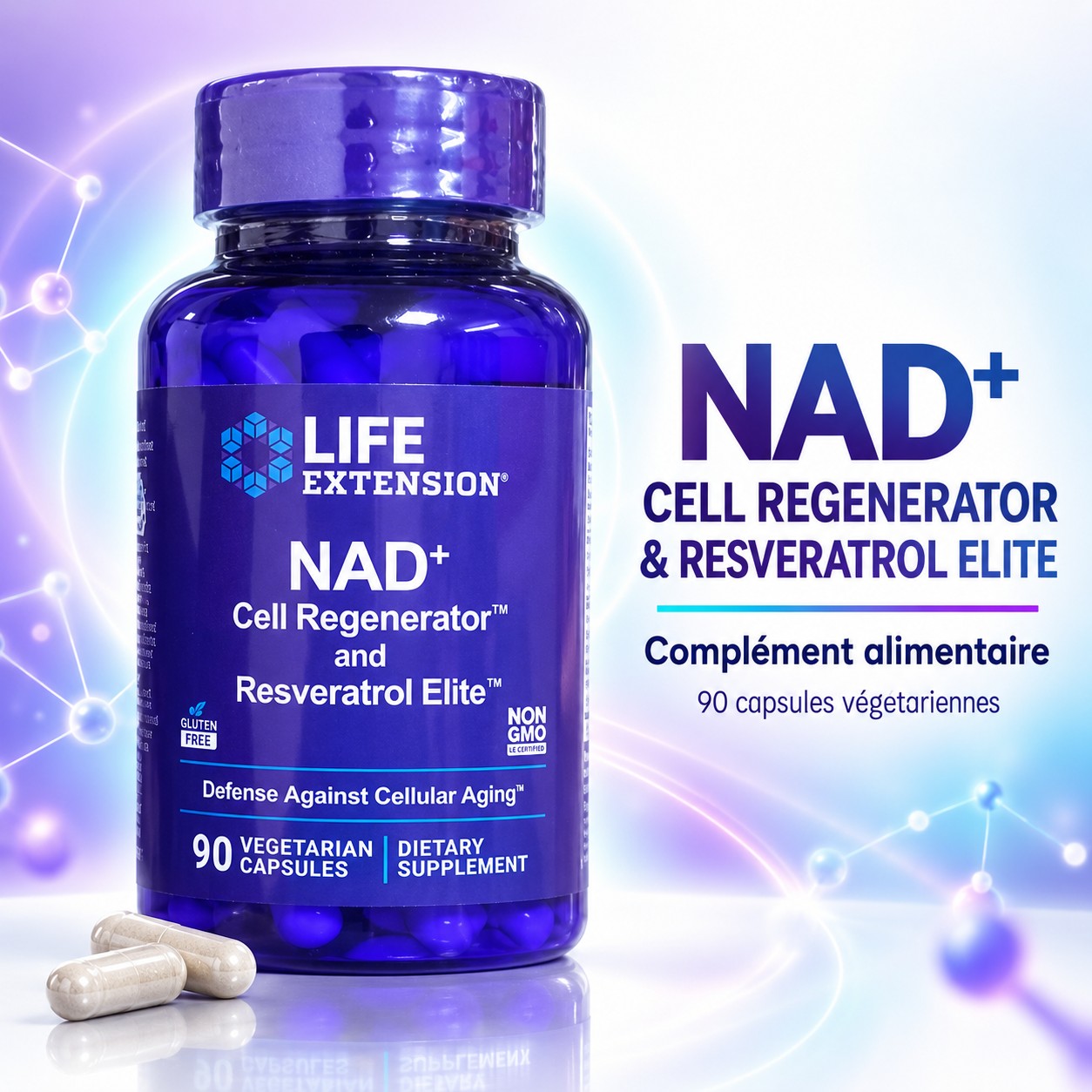 NAD+ Cell Regenerator™ & Resveratrol Elite™ (Life Extension) — Énergie Cellulaire, Longévité & Vitalité Cérébrale (90 Gélules)