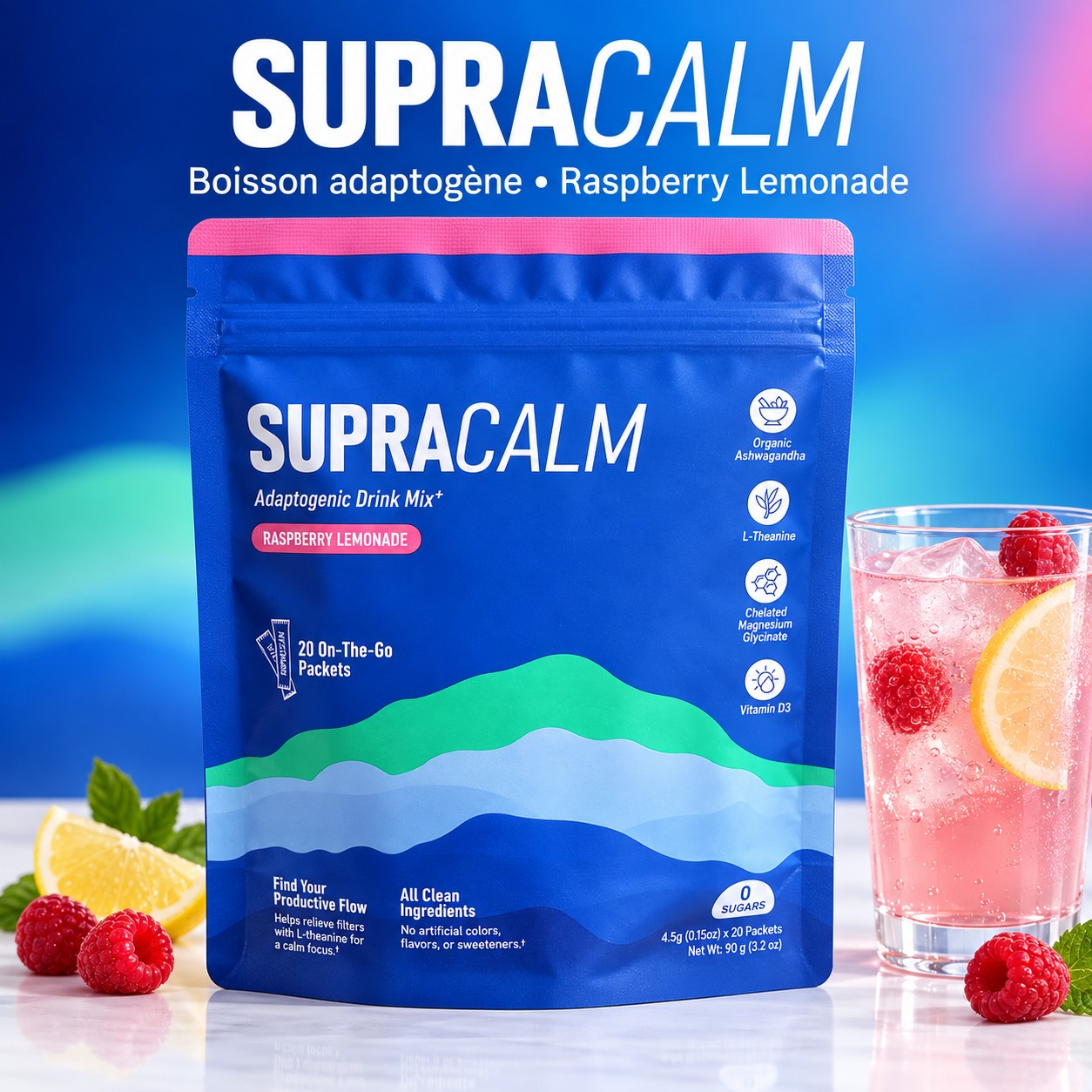 SUPRACALM — Boisson Adaptogène Anti-Stress & Focus Goût Framboise (Pochon 20 Sachets Nomades)