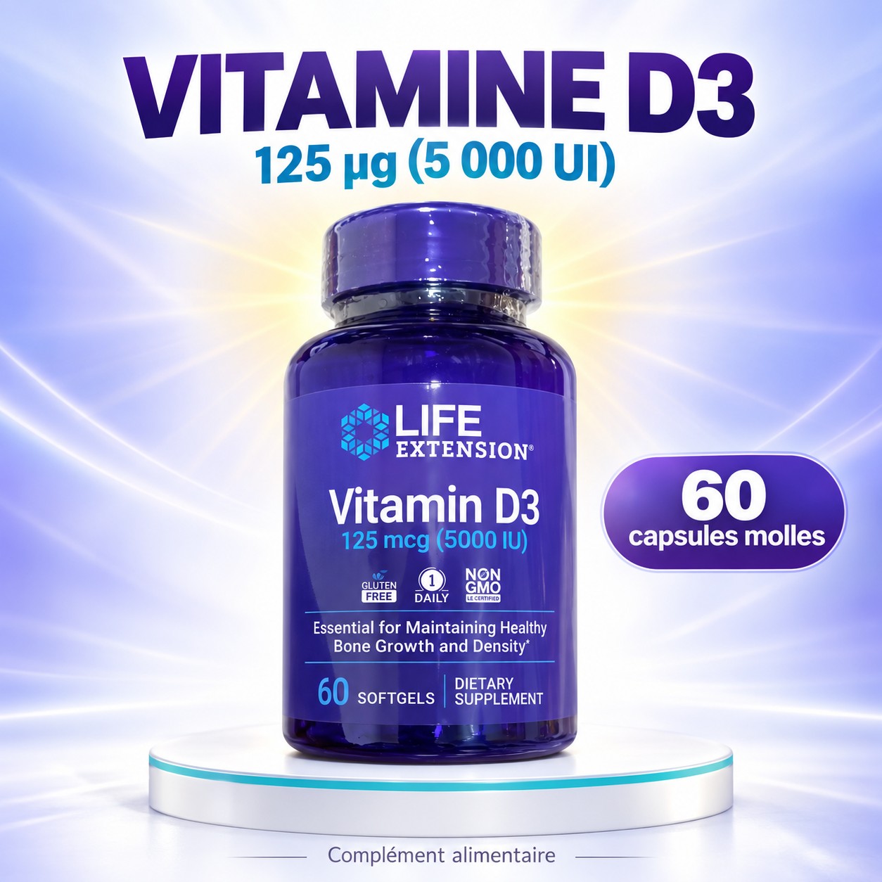 Vitamine D3 125 µg / 5 000 UI (Life Extension) — Immunité Puissante, Force Osseuse & Vitalité (60 Softgels)